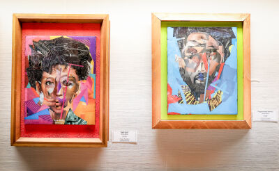  Mixed media pieces by Onzie Norman titled “Split Ends,” left, and “Fragmented Identity,” right, are on display at the open reception for “Duality and Depth” Jan. 15. 