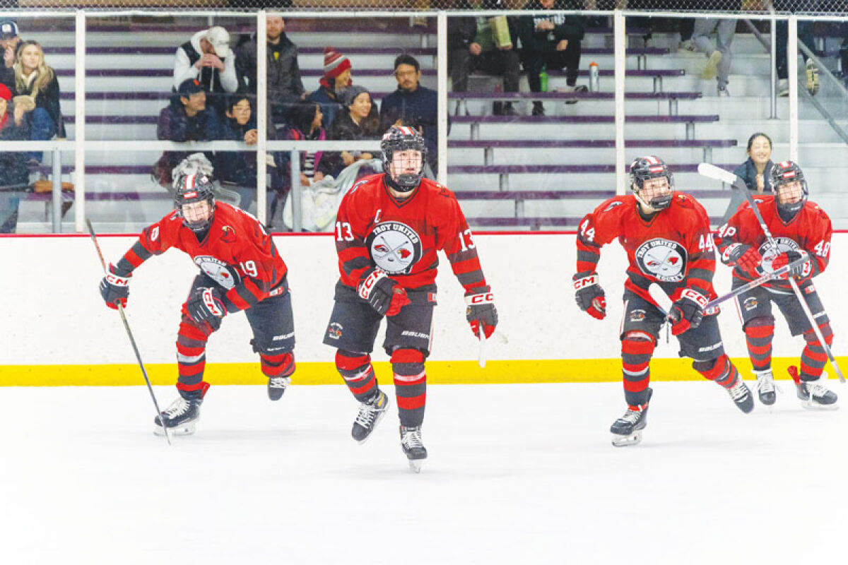  Alex Chrobak, Joey Clark, Ben Dumas and Quentin Gatto hit the ice with Troy United Jan. 3 at Buffalo Wild Wings Arena. 