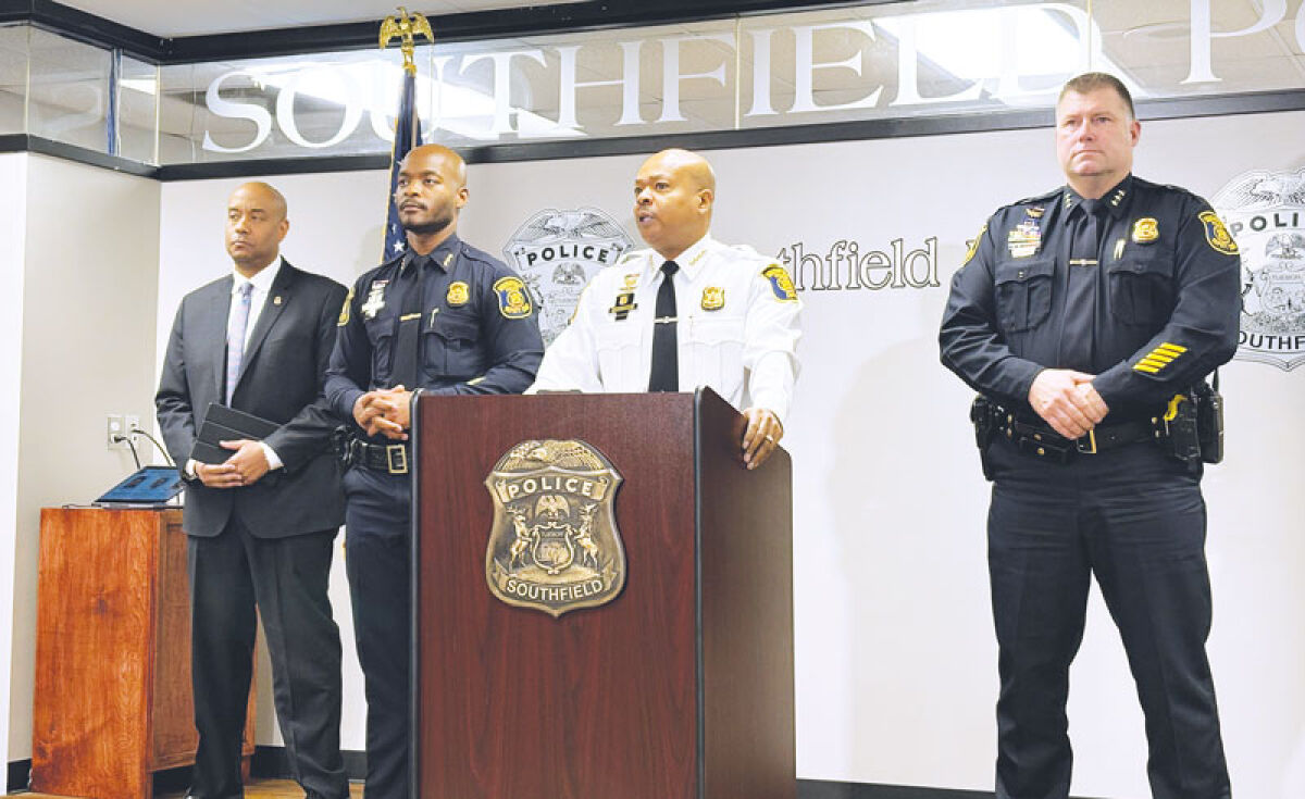  From left, FBI Detroit Acting Special Agent in Charge Reuben Coleman, Southfield Deputy Police Chief Aaron Huguley, Southfield Chief of Police Elvin Barren and Southfield Deputy Chief Jeffrey Jagielski address the media Jan. 22 regarding arrests made in a nonfatal shooting that occurred in October. 