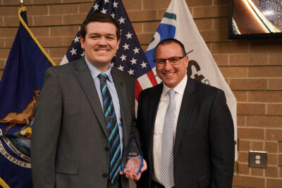  Lucas Kernen, left, is the Sterling Heights Parks and Recreation Department part-time employee of the year. At right is department Director Kyle Langlois. 