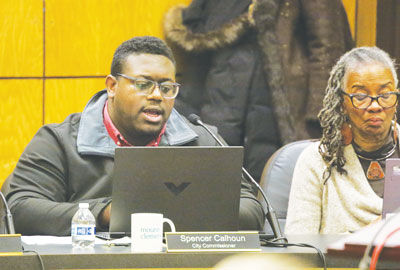  Mount Clemens City Commissioner Spencer Calhoun speaks about the use of Community Development Block Grant funds on senior recreation at the Feb. 2 City Commission meeting. Commissioner Roxanne Brown sits to the right of Calhoun. 