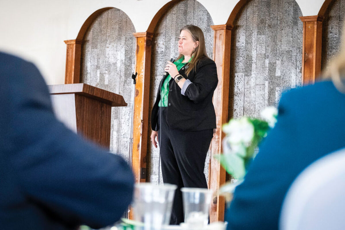  Eastpointe Community Schools Superintendent Christina Gibson addresses the audience during the annual State of the City address Monday, Feb. 2 at Lutheran Fraternities of America No. 57 in Eastpointe. 