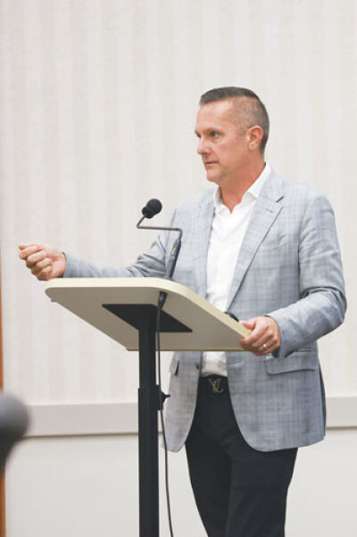  Todd Stamper, the founder and then-CEO of Priority Waste, speaks to the Macomb Township Board of Trustees in August 2025 about Priority’s contract coming into default. 