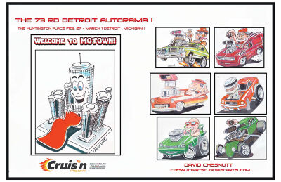  Inspired by a childhood of model cars and trading cards that featured monsters paired with  souped-up cruisers, David Chesnutt’s cartoon creations pop with towering engine blocks,  smiling caricatures and splashy coupes and roadsters. 