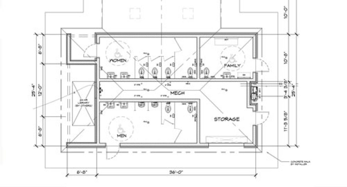  A floor plan shows a rendering of the restroom building for Red Run Park. 