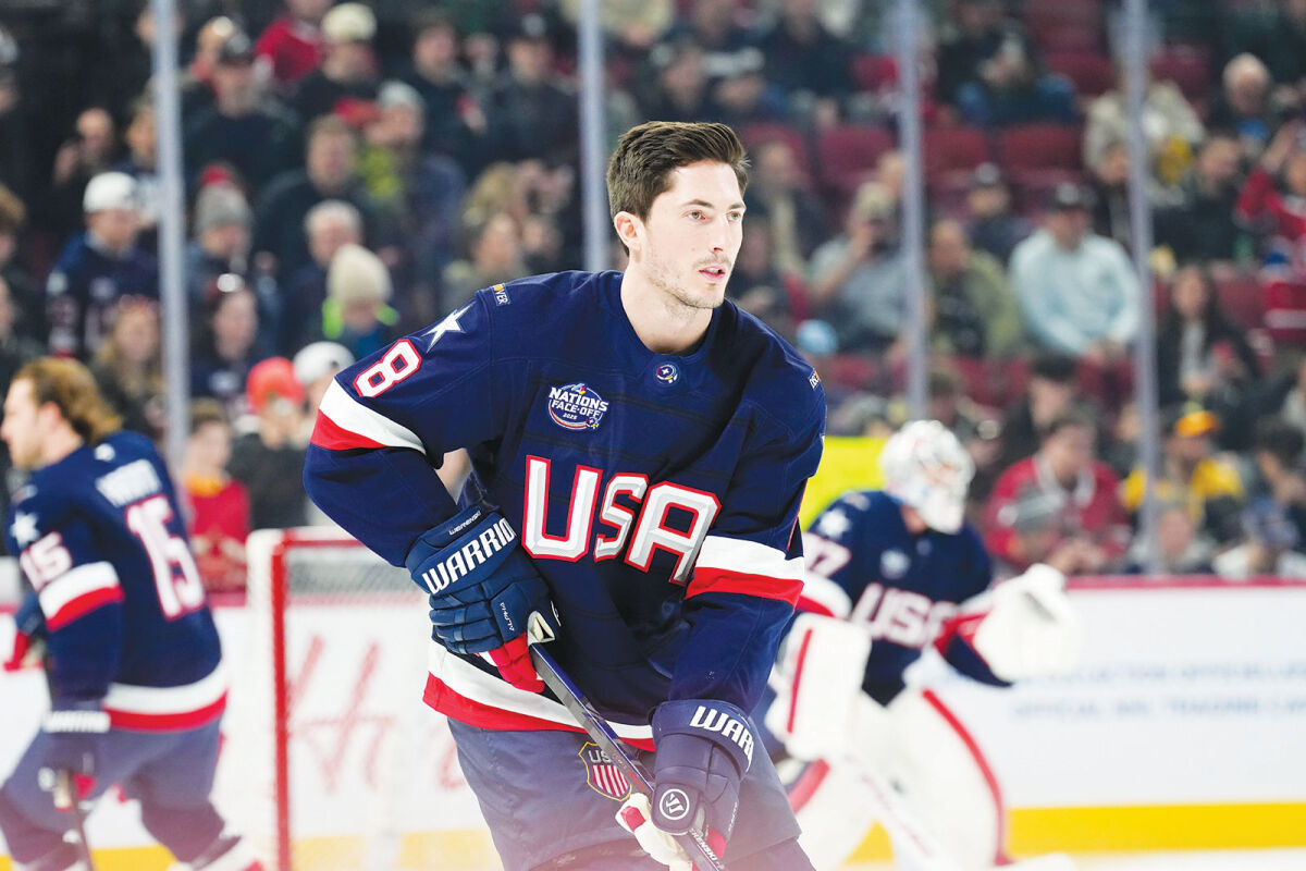  Zach Werenski warms up in Montreal for Team USA in the 4 Nations Face-Off in 2025. 