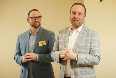  Kiwanis Club of Utica-Shelby Township President Bryan Padgett and Holiday Food Drive Chairman Rob Peterson speak to those gathered March 5 at Ike's Restaurant. 