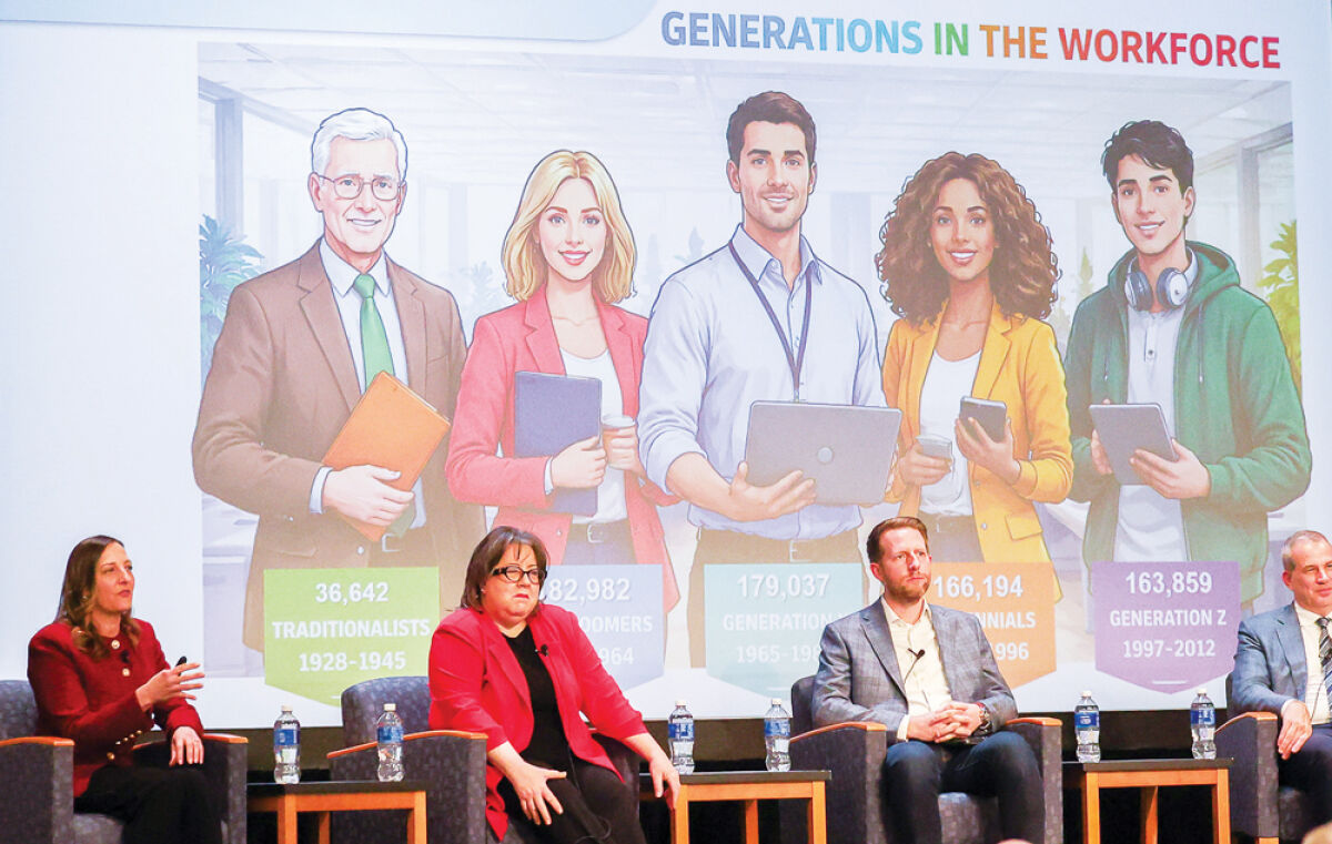  The Macomb County 2026 Economic Forecast featured panelists, from left, Vicky Rowinski, director of Macomb County’s Department  of Economic Development and Planning: Maureen Donohue Krauss, president and CEO of the Detroit Regional Partnership; Ben Marchionna,  chief innovation ecosystem officer for the state of Michigan; and Tom Alongi, managing director of UHY Advisors. 