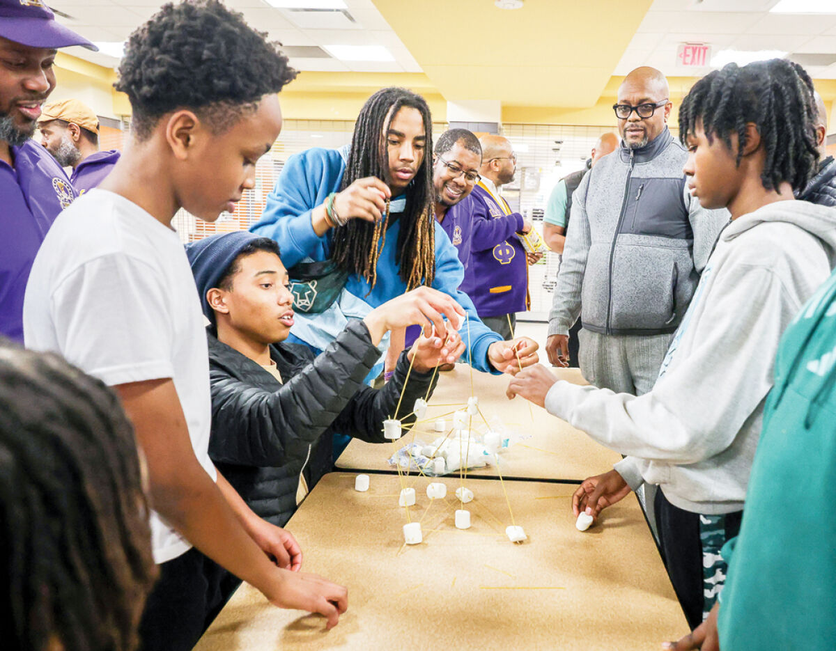  The students worked on their critical thinking skills during the Feb. 24 session by building a tower using masking tape, dry spaghetti noodles and marshmallows. They had 20 minutes to complete their creation. The goal was to build the tower as tall as possible, and it had to stand for 30 seconds.  