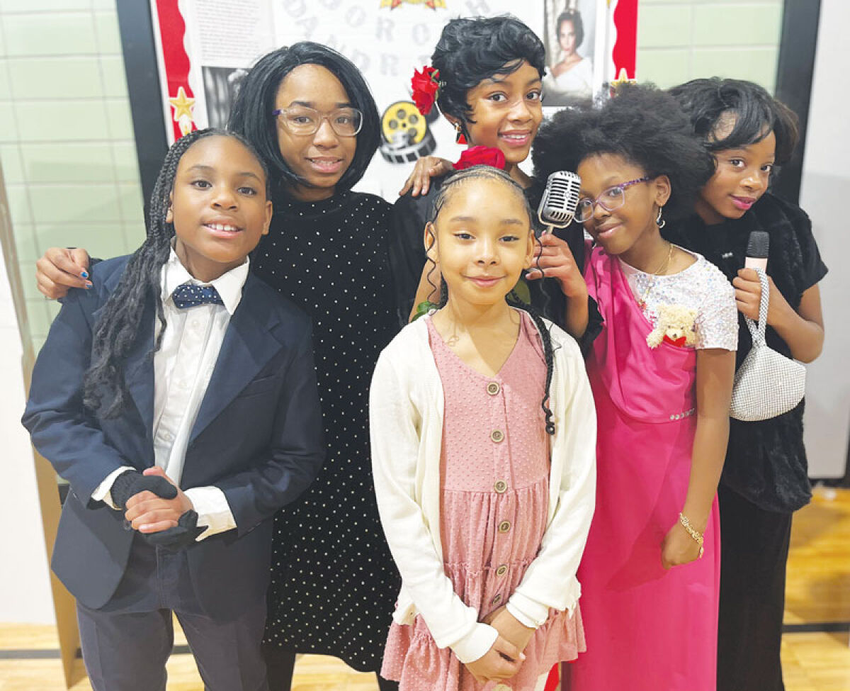  Pleasantview Elementary students participate in the school’s wax museum Feb. 26. From left: Khloe Fondren as Michael Jackson; Callie Catlin as Whitney Houston; Hayden Frison as entrepreneur Madam C.J. Walker, front; Amarianna Mincy as Dorothy Dandridge, back; Jaia Young as Diana Ross; and Annalise Height as Aretha Franklin, far right. 