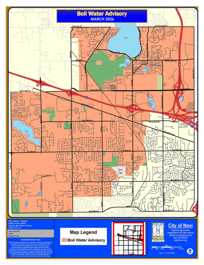  This map shows the extend of the boil water advisory in Novi on March 7. 