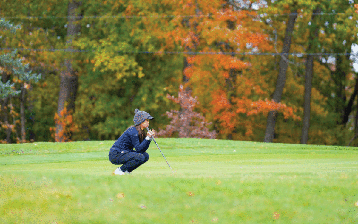  Rochester Adams senior Grace Wang reads a putt at the Michigan High School Athletic Association Division 1 State Finals at  Bedford Valley Golf Club in Battle Creek.  