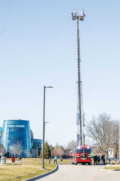  The ladder on the Southfield Fire Department’s Sutphen Aerial Tower 5 can extend 100 feet in the air, allowing firefighters access to multistory buildings. 
