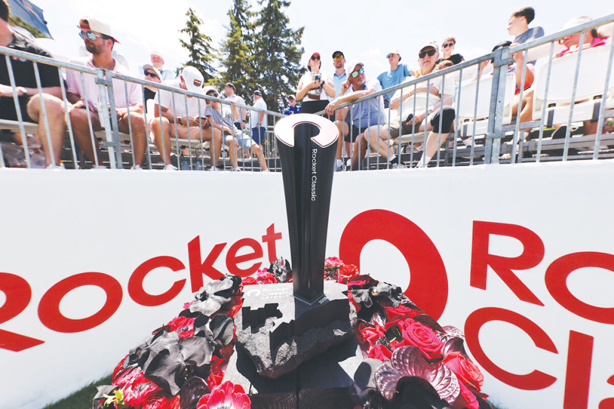  The Rocket Classic Trophy sits on display at the  Detroit Golf Club during the 2025 event. 