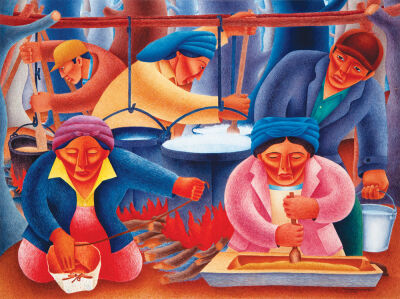  The 1946 painting, “Maple Sugar Time,” by Patrick DesJarlait, is one of the older works in the exhibition. 