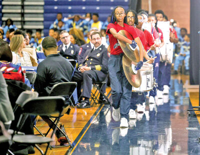  The Southfield A&T drum line enters the fieldhouse and marches around the audience at the State of the District address. 