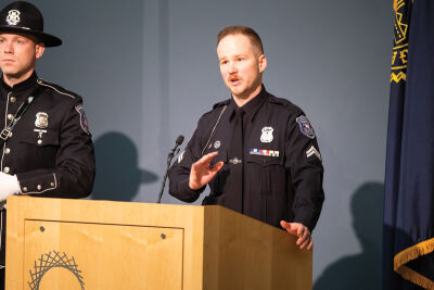  Cpl. Nicholas Lienemann delivers remarks after receiving the Officer of the Year award. 