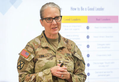  On March 26, U.S. Army Maj. Gen. Michelle Link talks to Grissom Middle School leadership students about what it takes to be a good leader.  