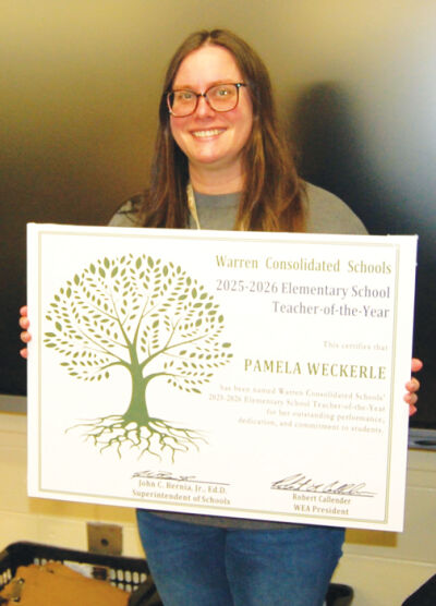  The teachers of the year in the Warren Consolidated Schools district are Pam Weckerle, pictured, who teaches second grade at Wilkerson Elementary School; Pauline Phifer, a sixth grade English language arts at the Middle School Mathematics Science Technology Center; and Jennifer Kay-Rivera, a visual art and Advance Placement studio art teacher at Sterling Heights High School and Cousino High School.  