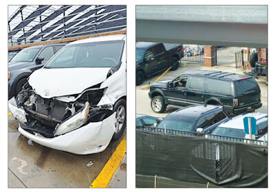  LEFT: Berkley public safety officers responded to a report of a hit-and-run on March 25 in which two vehicles were damaged in a parking area near Berkley High School. RIGHT: A witness was able to capture a photo of the suspect’s Ford Excursion as it was leaving the scene after the hit-and-run. 