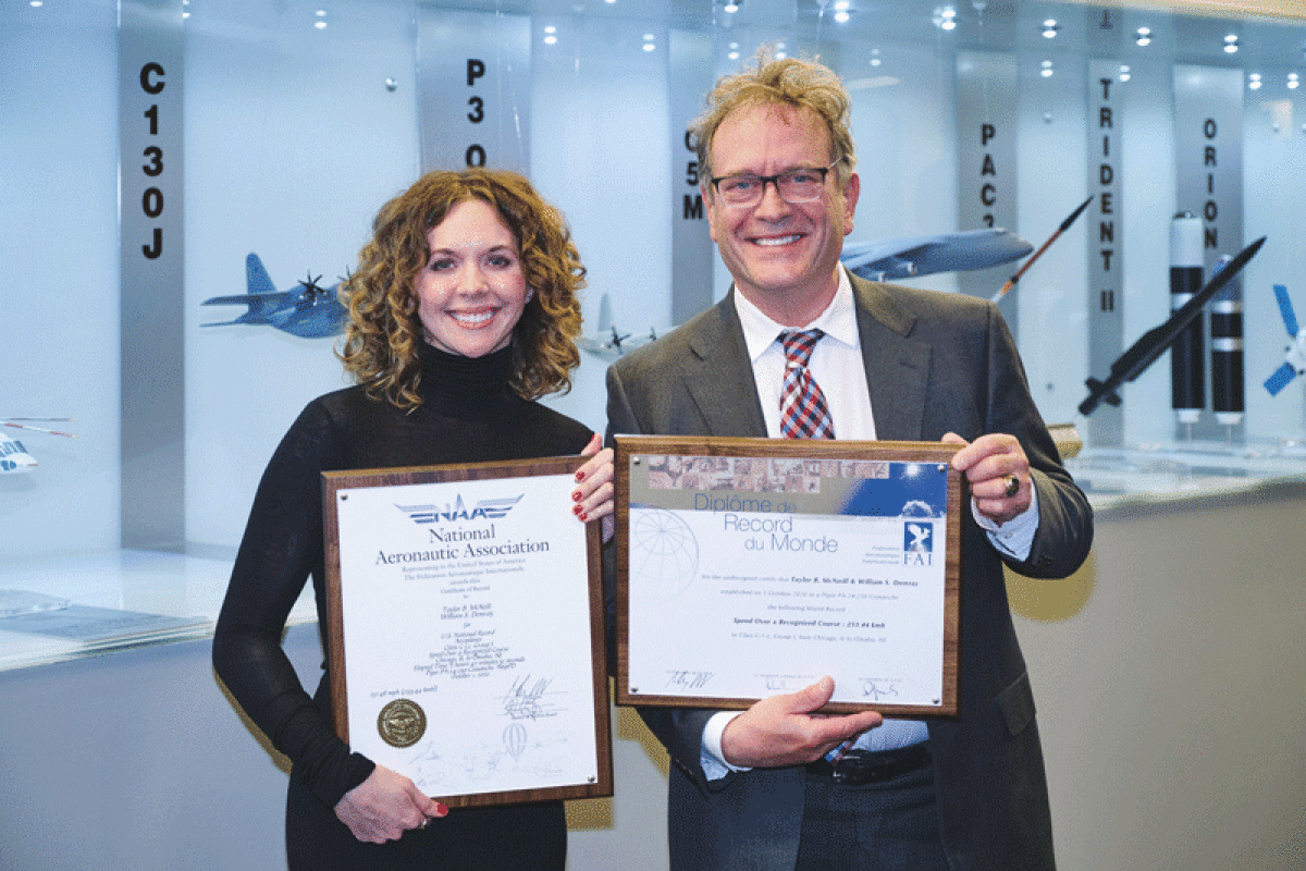  Taylor McNeill, of Madison Heights, and Dr. William Demray, of Northville, were honored by the National Aeronautic  Association at an award ceremony in Arlington, Virginia, in April 2022, recognizing them for the world record  they set flying from Chicago to Omaha in under three hours using only visual navigation.  