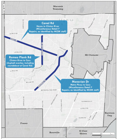  This map shows road repair projects to be done as part of the Macomb County Department of Roads’ 2026 Pavement Preservation Program. The project includes asphalt repairs planned for Canal Road from Hayes Road to Clinton River Road and Moravian Drive from Metro Parkway to Cass Avenue, as well as an asphalt overlay of Romeo Plank Road from Clinton River Road to Cass Avenue.  