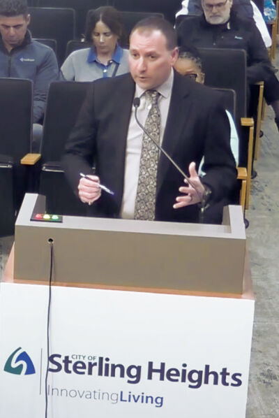  Sterling Heights Parks and Recreation Director Kyle Langlois discusses a new trail connection project at the April 7 City Council meeting. “This trail will provide an important connection from Nelson Park to Ryan Road and is another step toward expanding our community trail network,” he said. 