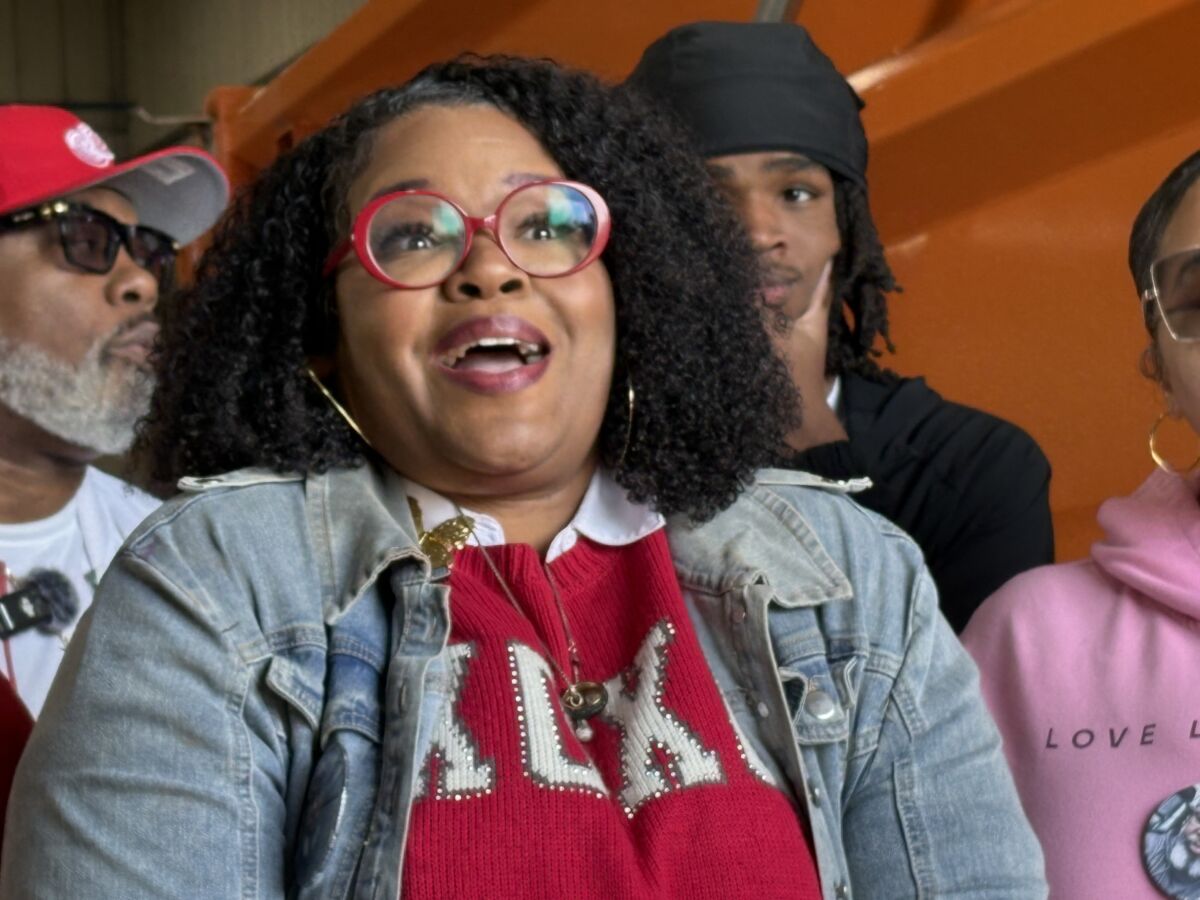  Roshanda Jones speaks to the media during a press conference for National Work Zone Awareness Week on April 22 in Southfield. Jones’ husband, Cedric Lanier Jones, lost his life in July while working in a roadway work zone. 