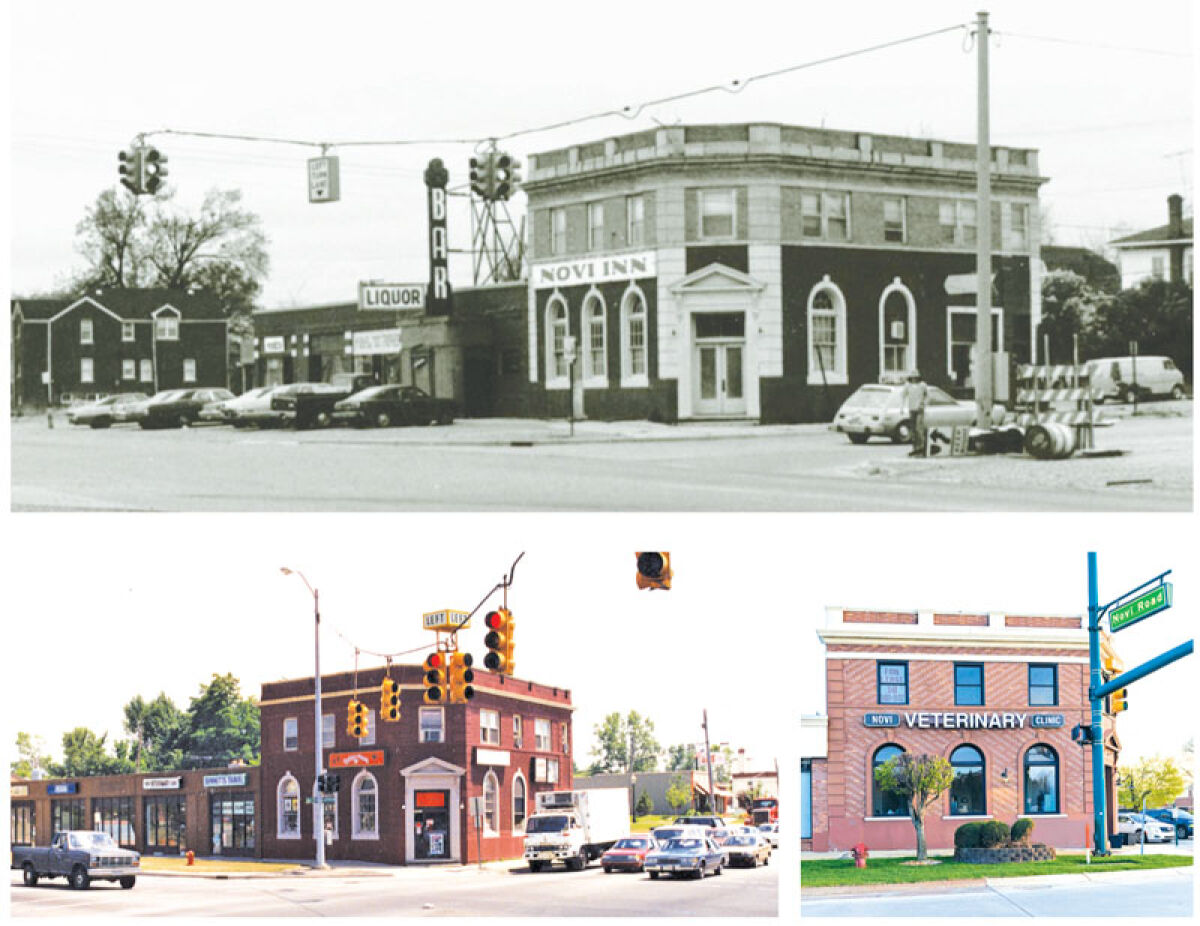  The old bank building is utilized as the Novi Inn circa the 1970s, top; a comic book and sports card store circa the 1990s, bottom left; and a veterinary practice, bottom right. 