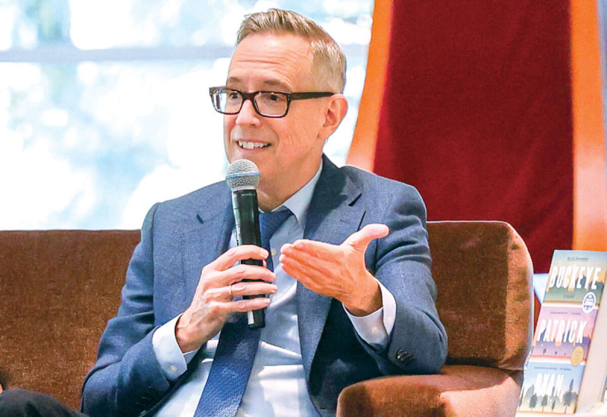  Described as “engaging, insightful and a delight,” author Patrick Ryan discusses his first published work of adult fiction, “Buckeye,” at Temple Beth El in Bloomfield Township April 22. 