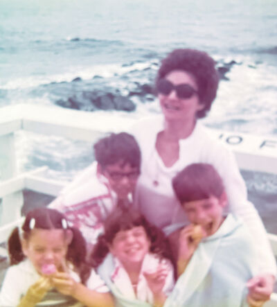  Sara Scrivano, of Warren, with her children Michael, David, and twin daughters Ann and Aileen on a family outing. The kids’ dad Bob Scrivano is not pictured in many family photos because he was usually the photographer.  