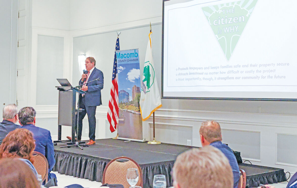  Shelby Township Supervisor Rick Stathakis speaks to the crowd during the 2026 State of the Township address,  hosted by the Macomb County Chamber, at the Palazzo Grande on April 10. 