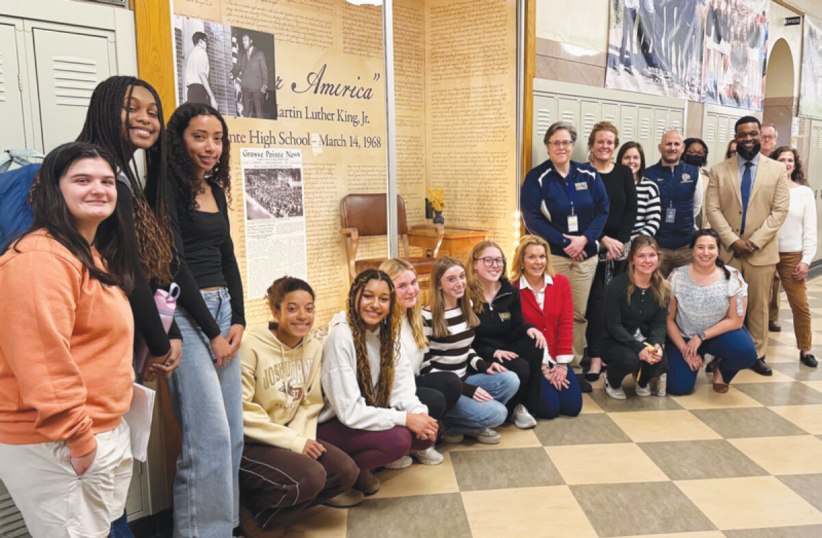  Students and school officials gather at Grosse Pointe South High School April 30 for the unveiling of a new display case that highlights the speech that civil rights icon Martin Luther King Jr. delivered at South in 1968. 