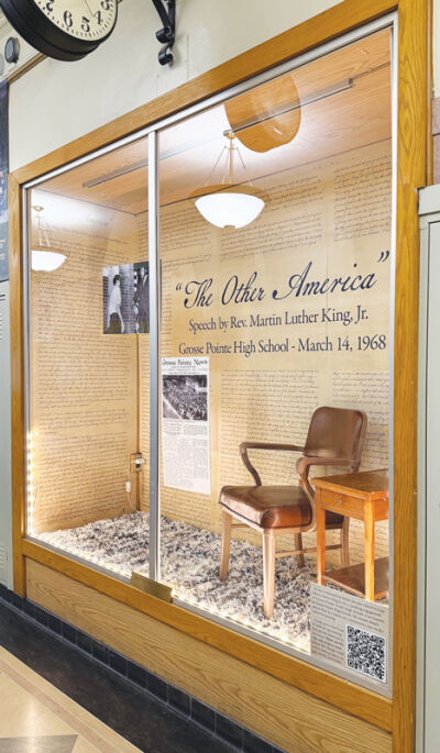  The display case includes the full text of Martin Luther King’s speech, a local news article about his appearance at South, a photo from that day and the chair he used. 