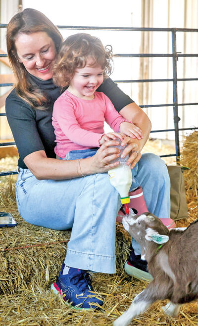  Greta Reimold helps her daughter, Mathilda, 3, to feed Guppy, a male baby goat. 