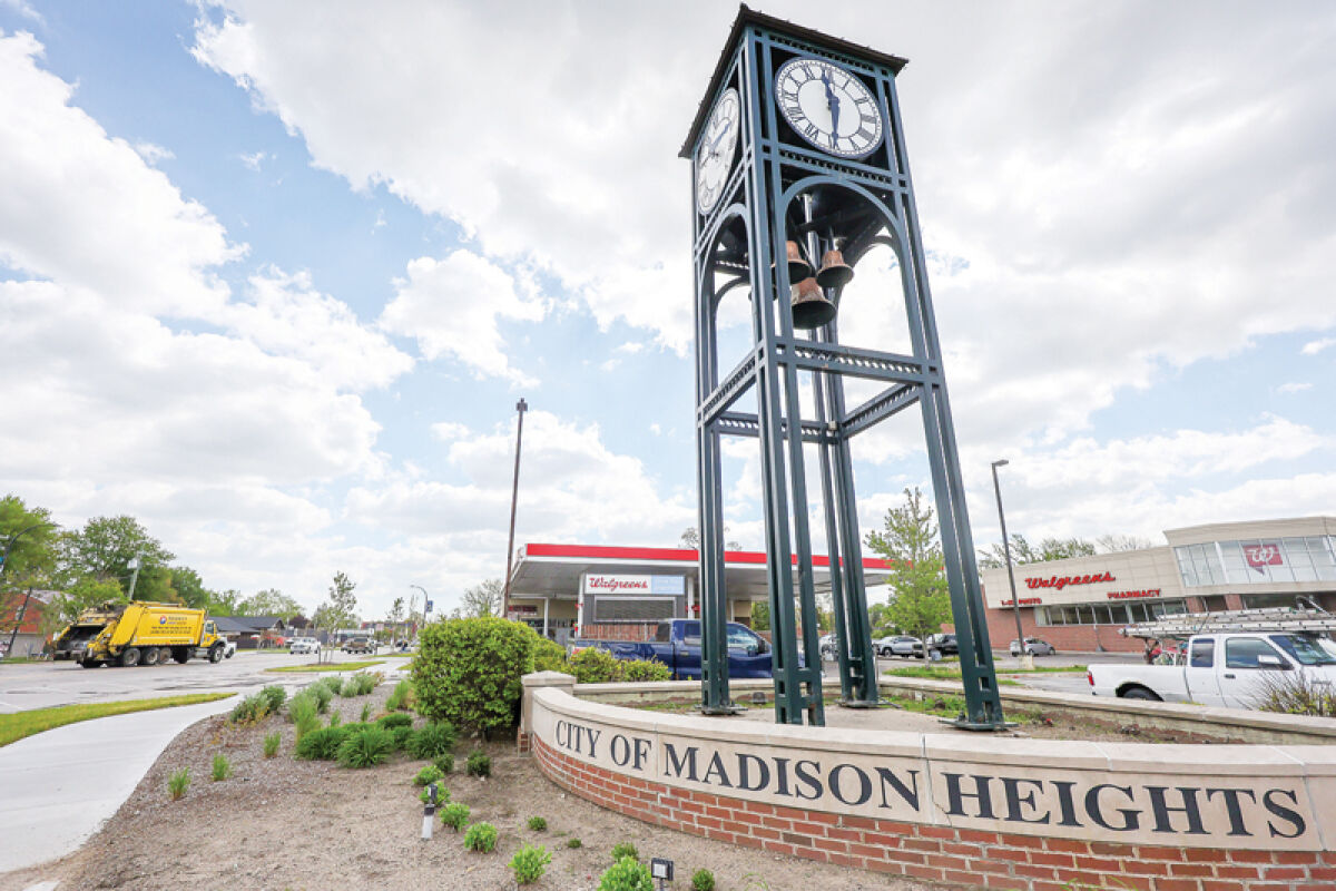  The clock tower at 11 Mile and John R roads in Madison Heights is being renovated with fresh paint, corrected timekeeping, backlit lighting and restored bell chime functionality.   