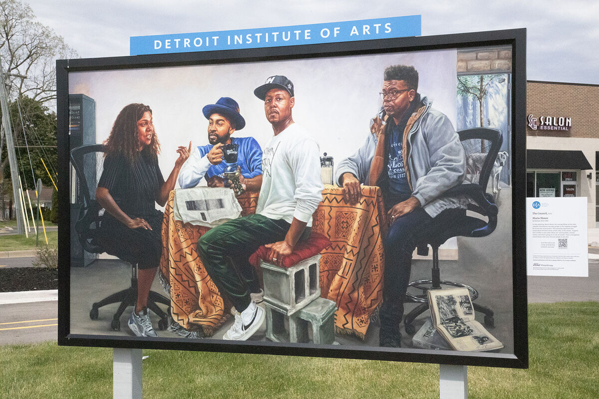  A print of Mario Moore’s “The Council” stands outside Rita’s Italian Ice and Frozen Custard in Lathrup Village. The piece is one of eight prints installed near Lathrup Village City Hall as part of the Detroit Institute of Arts’ Inside|Out program. 