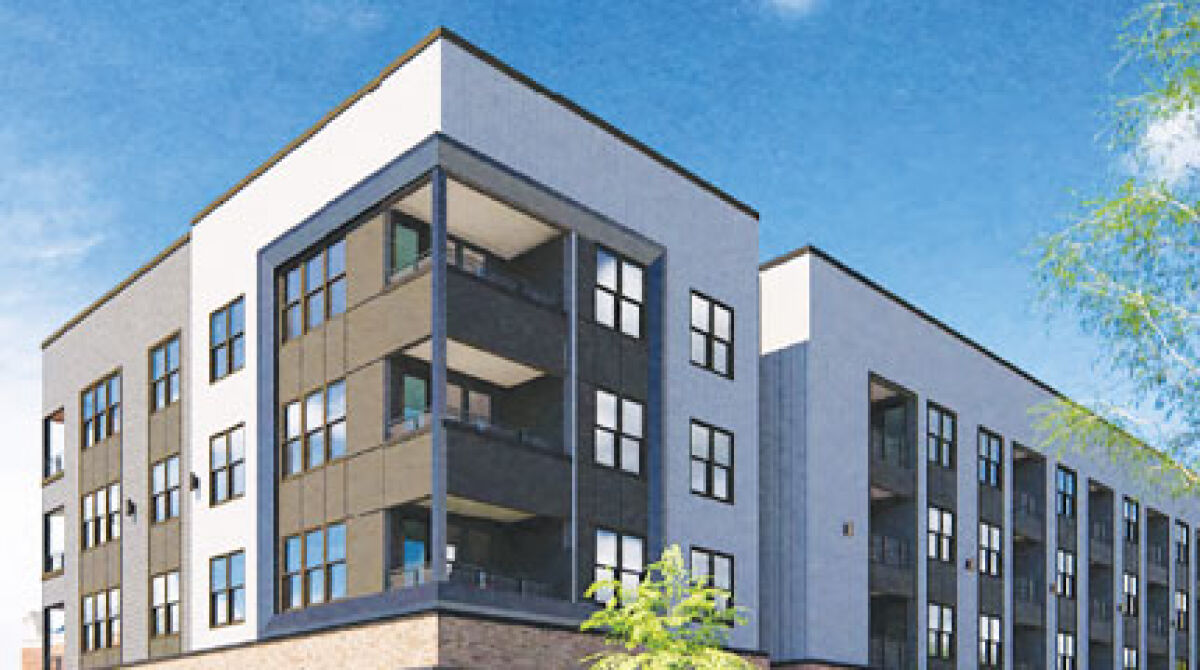  This rendering shows the front entrance of a proposed apartment building on East Third Street. The building would be called The Civic. 