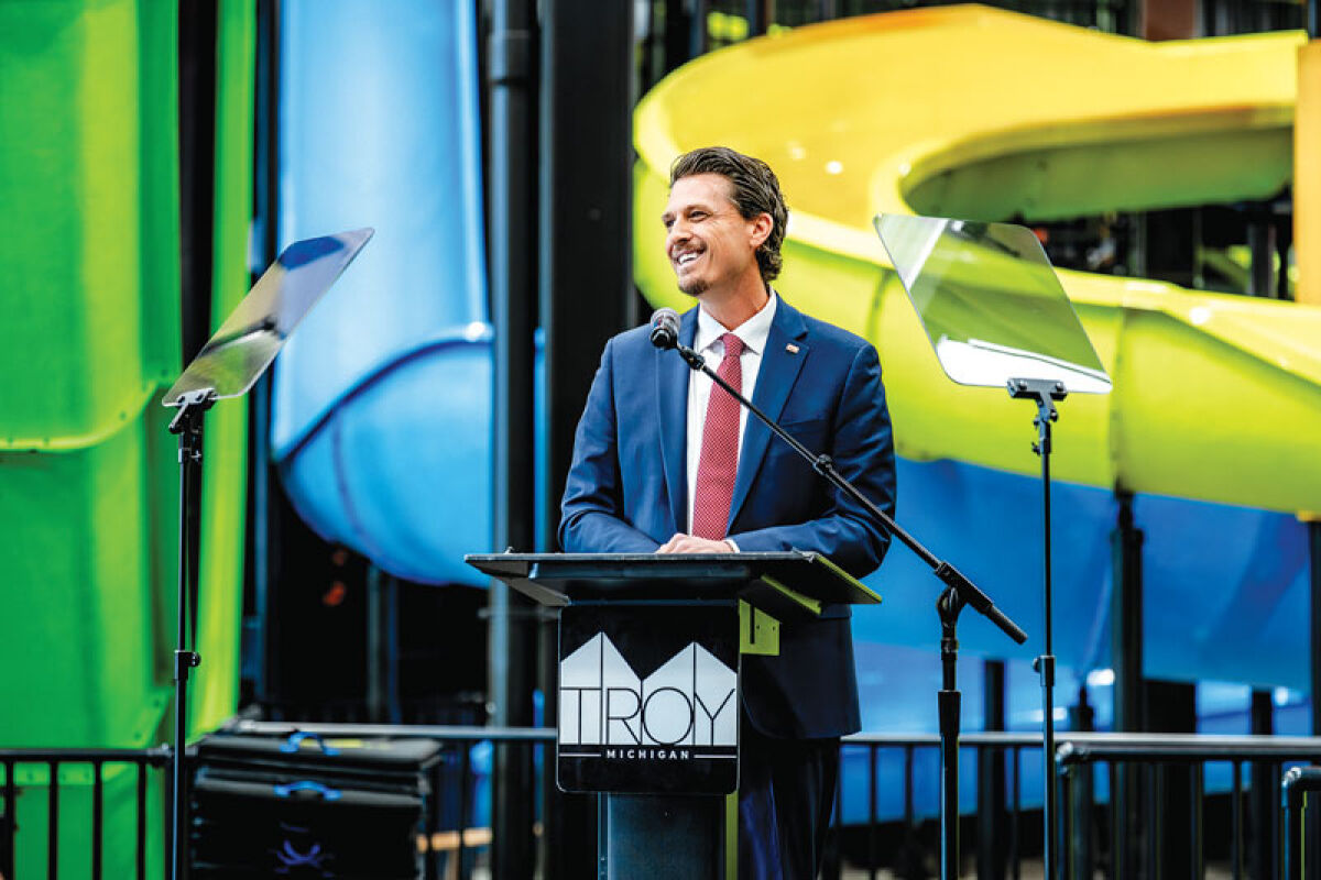  Troy Mayor Ethan Baker speaks to Troy’s present and future during the State of the City address at Slick City Action Park May 6. 