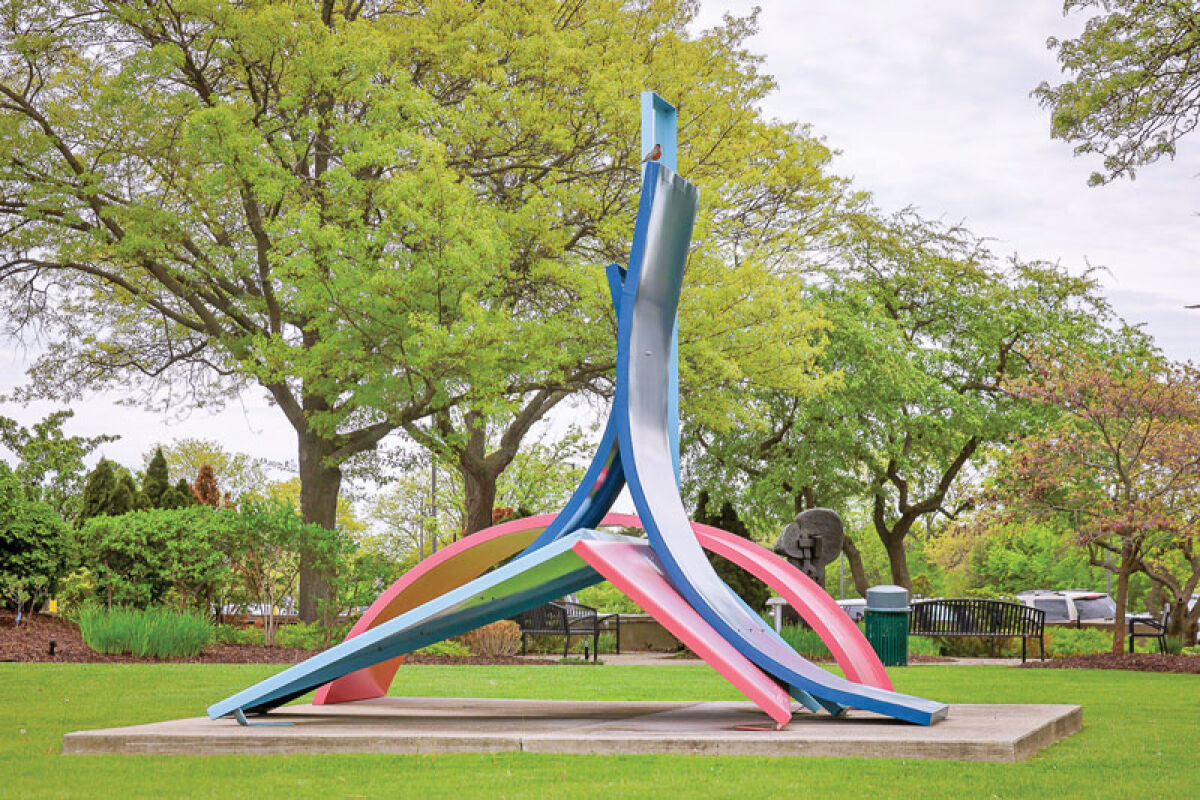  “City of Southfield” is a red and blue statue in front of Southfield City Hall, 26000 Evergreen Road. It is one of over 30 public art pieces throughout the city. 