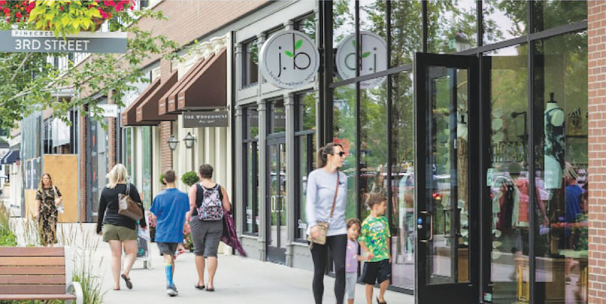  A rendering depicts a building design recommendation for the Lakeside Corridor Improvement Authority area. According to the plan, ground-floor retail or office space should include large, clear-glass windows that allow views into building interiors. 