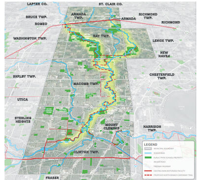  A map of the North Branch Greenway in full shows its run north from Clinton Township through Macomb township and then splitting off to follow the water to Ray, Armada and Lenox townships. 