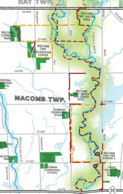  A map of the North Branch Greenway in Macomb Township shows proposed trail runs between Clinton and Ray townships through Macomb Township. 