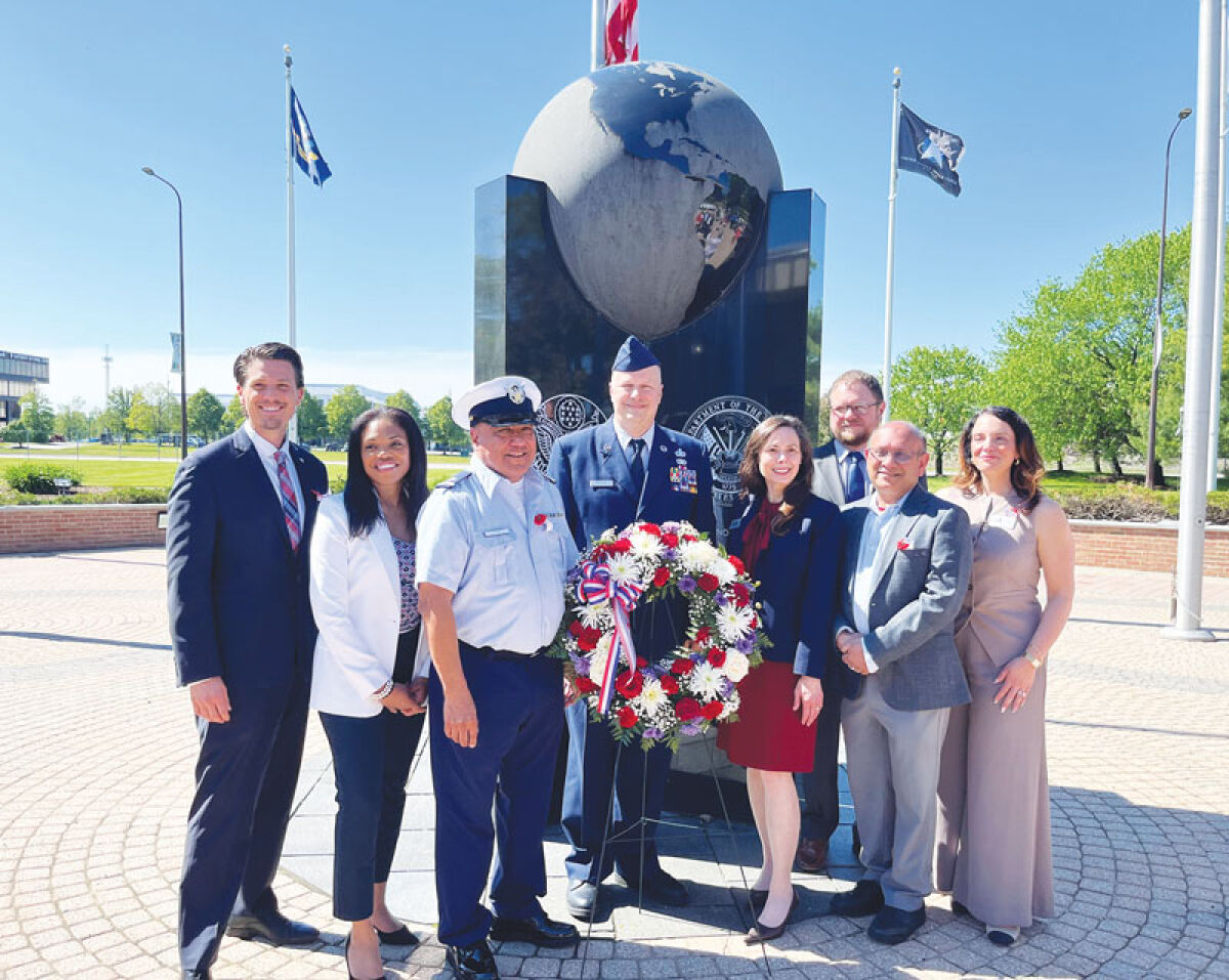  In attendance, from left, are Troy Mayor Ethan Baker and fellow City Council members Theresa Brooks and Mark Gunn, as well as Senior Master Sgt. Daniel Heaton, and City Council members Rebecca Chamberlain Creanga, David Hamilton, Annalisa Bluhm, and Mayor Pro Tem Hirak Chanda. 