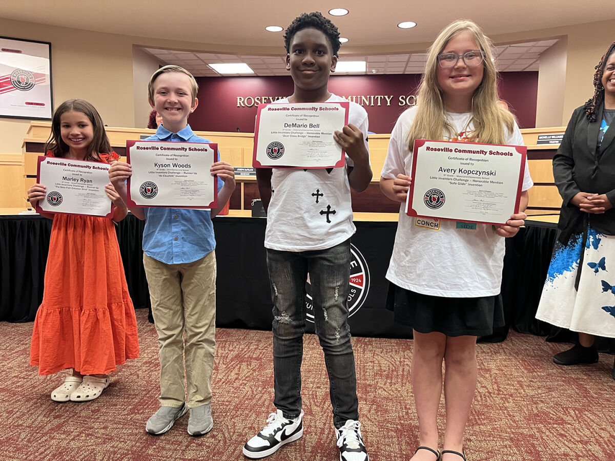  Roseville Community Schools students, from left, Marley Ryan, Kment fourth grader; Kyson Woods, Dort fourth grader; DeMario Bell, Steenland fourth grader; and Avery Kopczynski, Steenland fifth grader, were recognized for their Little Inventors projects.  