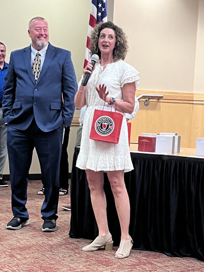  Steenland Elementary School science/STEM teacher Sheryl Vitale, right, was among 10 Roseville Community Schools educators who retired this year. Steenland Principal Charles Felker, left, said Vitale helped him early in his teaching career.  