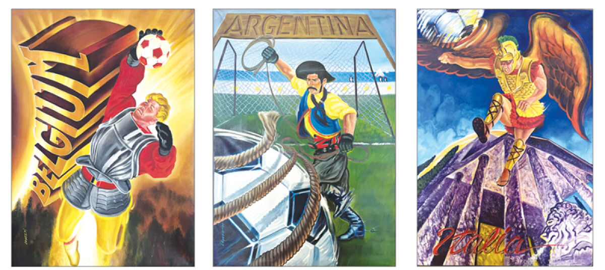  Paintings from Detroit artist Chazz Miller honoring teams from the 1994 FIFA World Cup —  including Belgium, left, Argentina, center, and Italy, right — are on display at the Anton Art Center in Mount Clemens. 