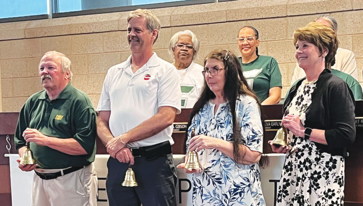  From left, Eastpointe Community Schools retirees Gerard Kaminski, Lincoln Stocks, Agnes Jones and Eliza Mannino are recognized at the June 8 Board of Education meeting. 