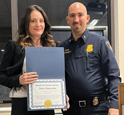  Jennifer Dowling received a Letter of Appreciation from Bloomfield Township Police Chief James Gallagher.  