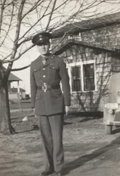 Arens in uniform when he served in WWII. He said, “I didn’t have to serve in WWII because I lost my eyesight in my right eye, but I volunteered as a medic technician for three years before I was discharged.”  